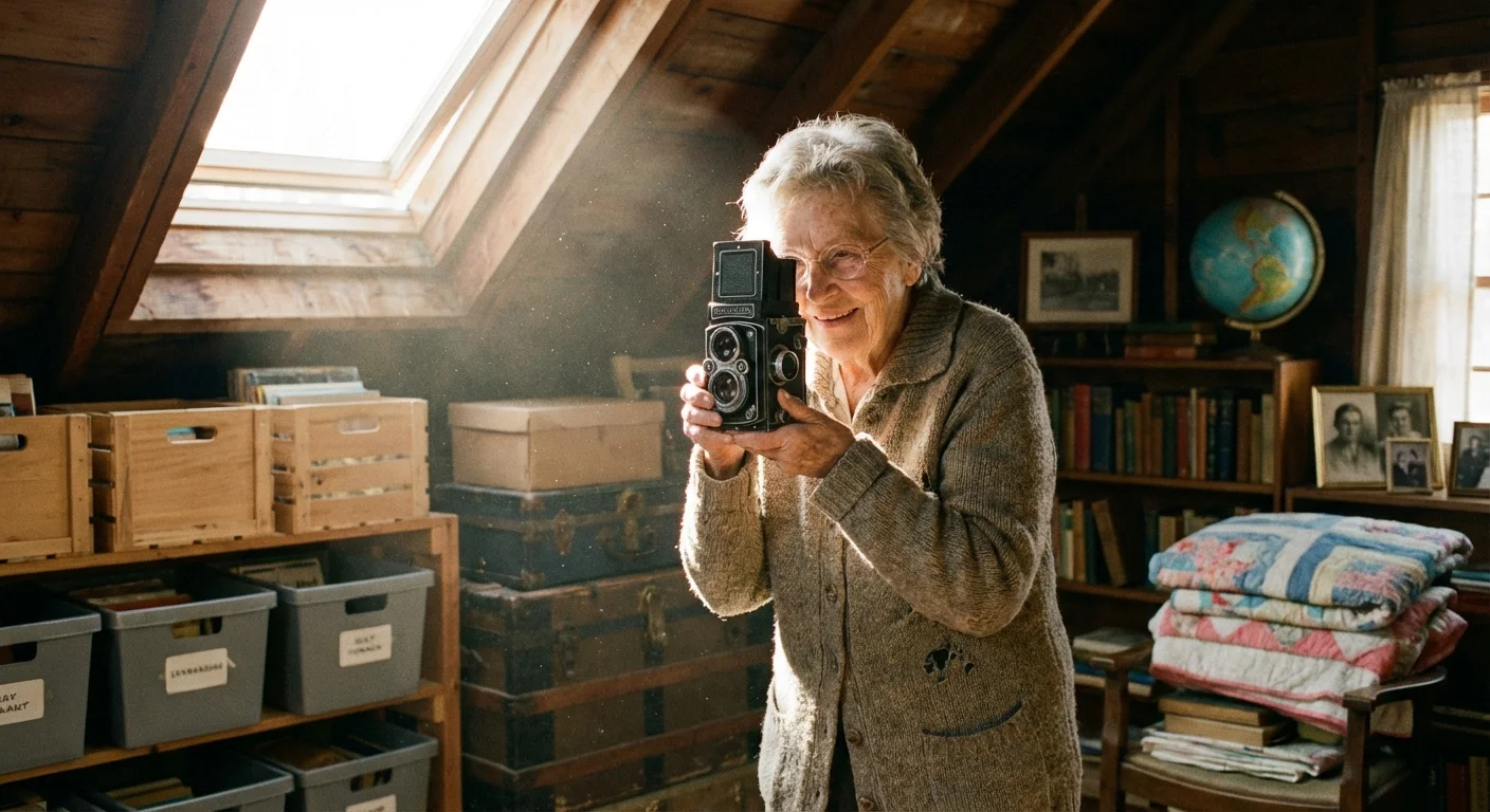 A senior woman discovering a valuable vintage camera in her attic.