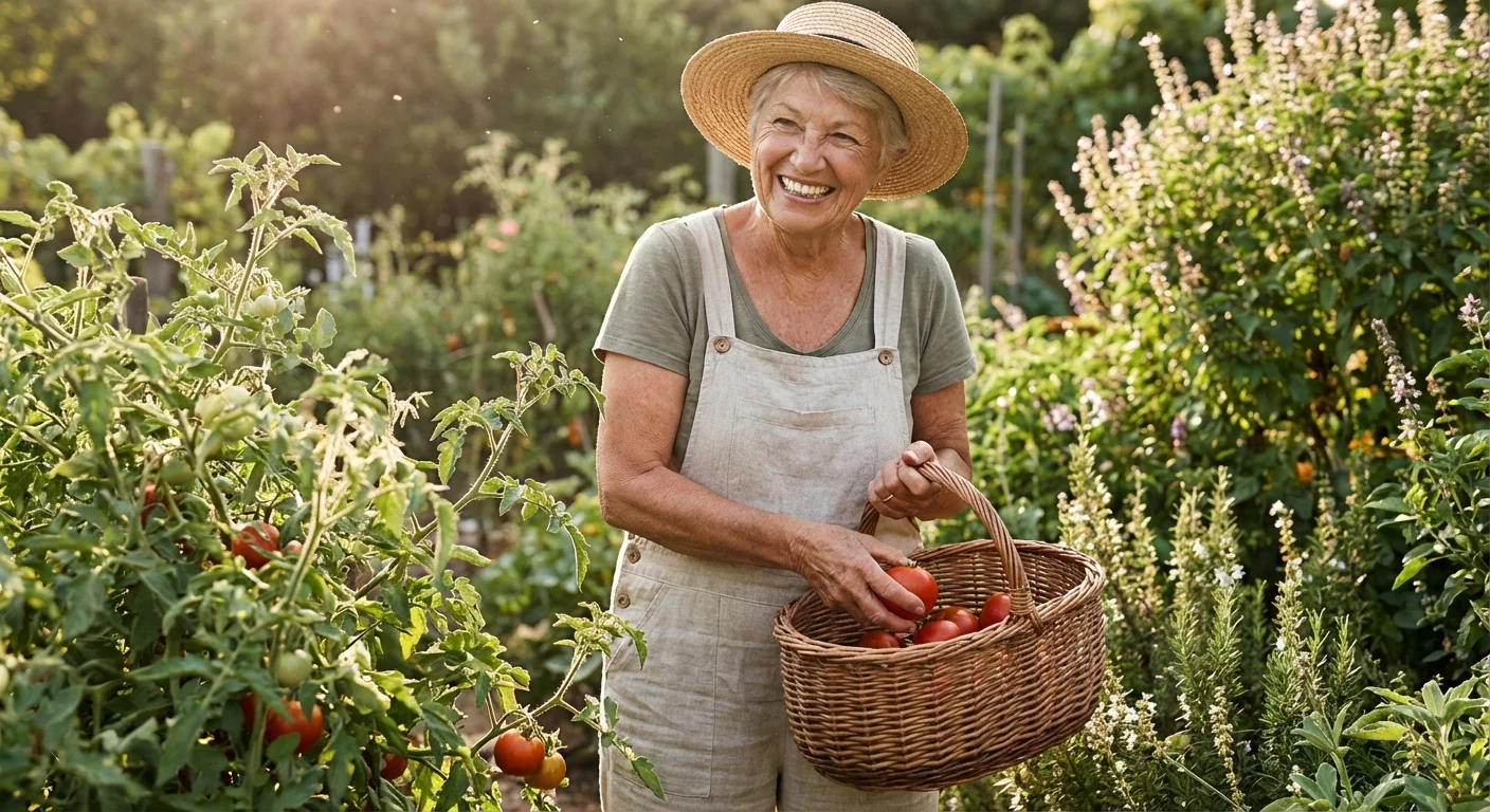 A senior woman harvesting vegetables in a sunny backyard garden.