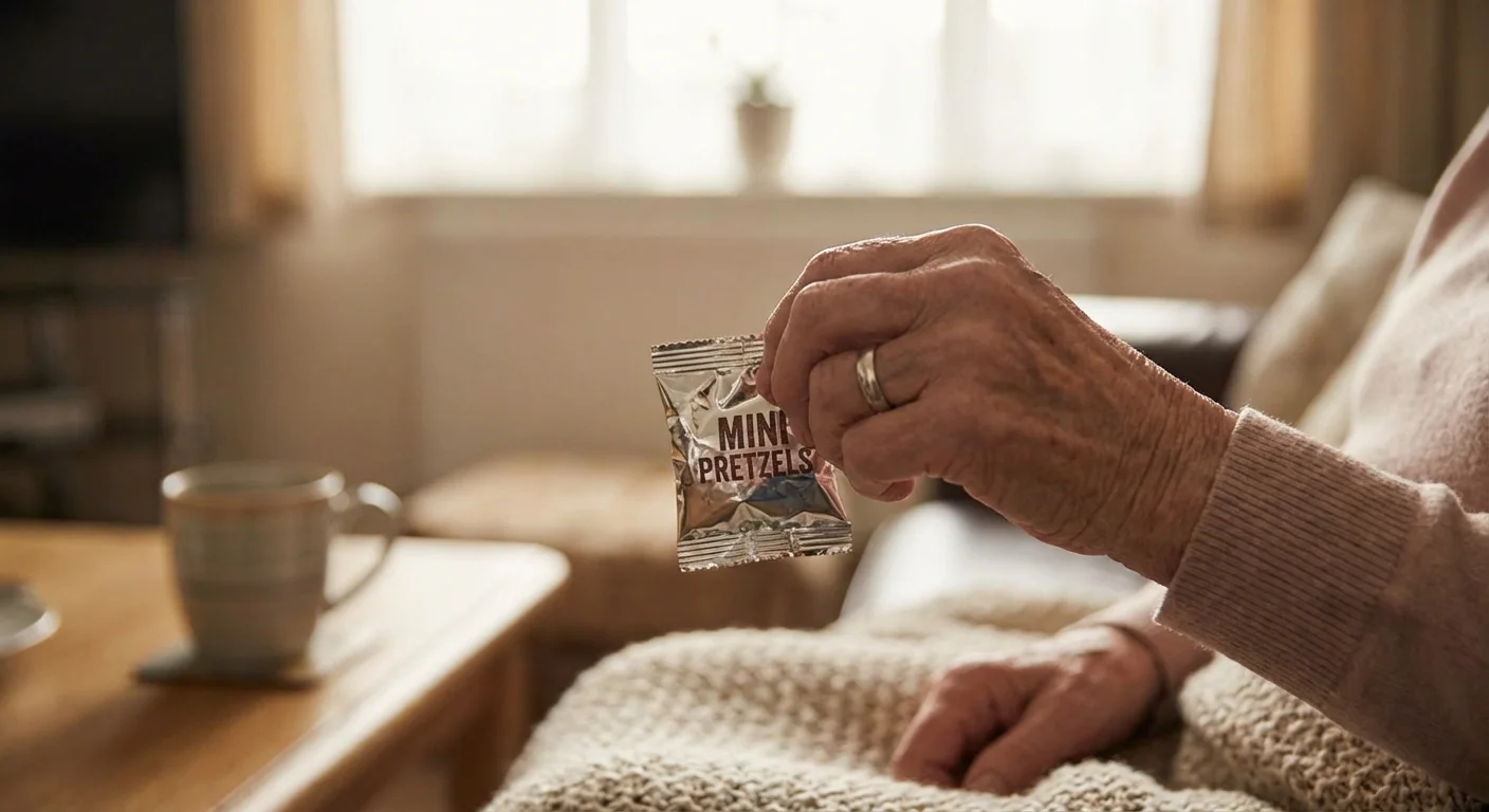 A senior woman holding a small single-serving snack packet.