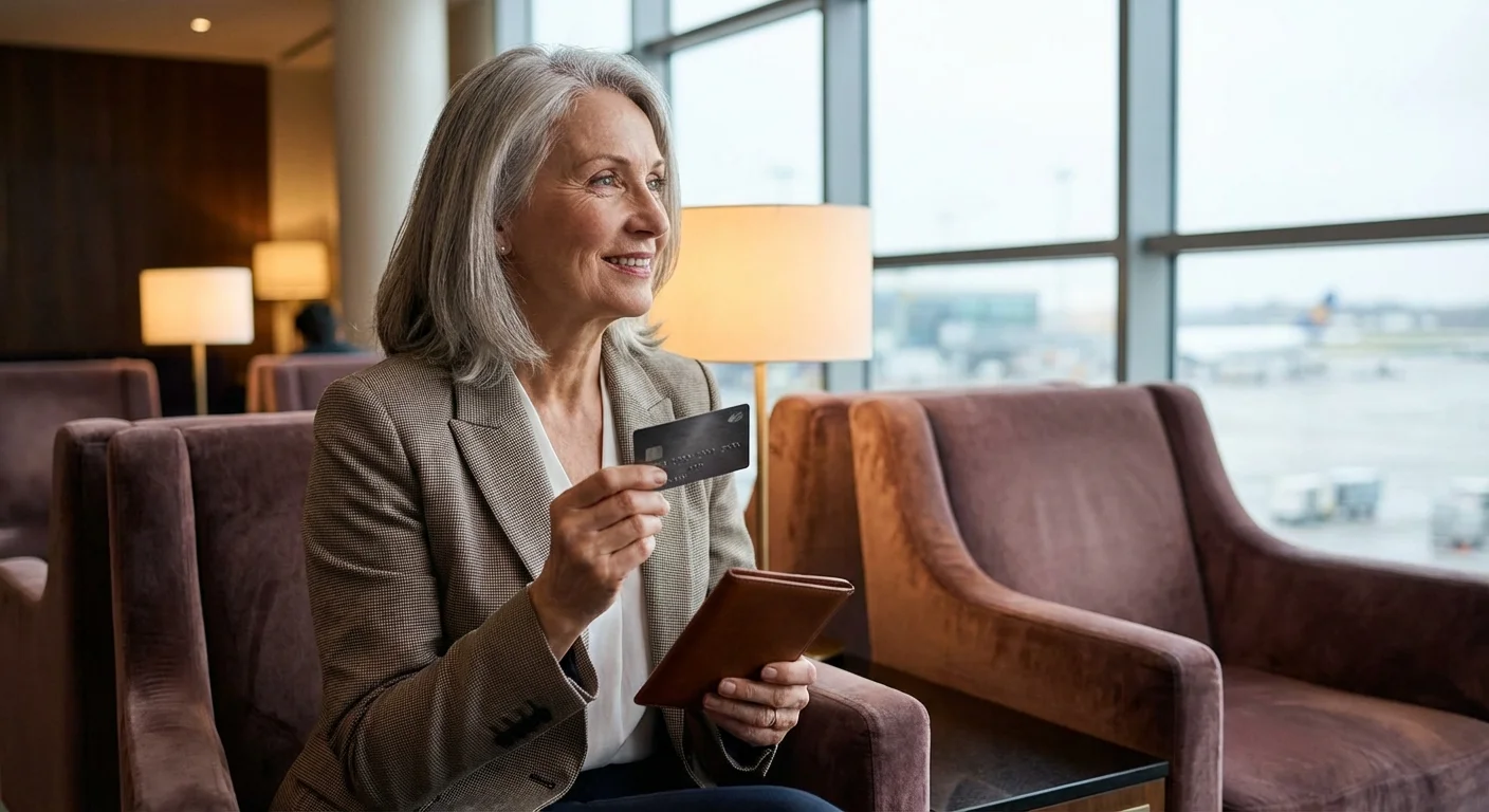 A senior woman in a luxury travel lounge holding a credit card and passport.