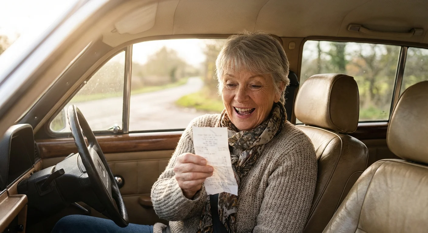 A senior woman in her car looking happily surprised at a receipt.