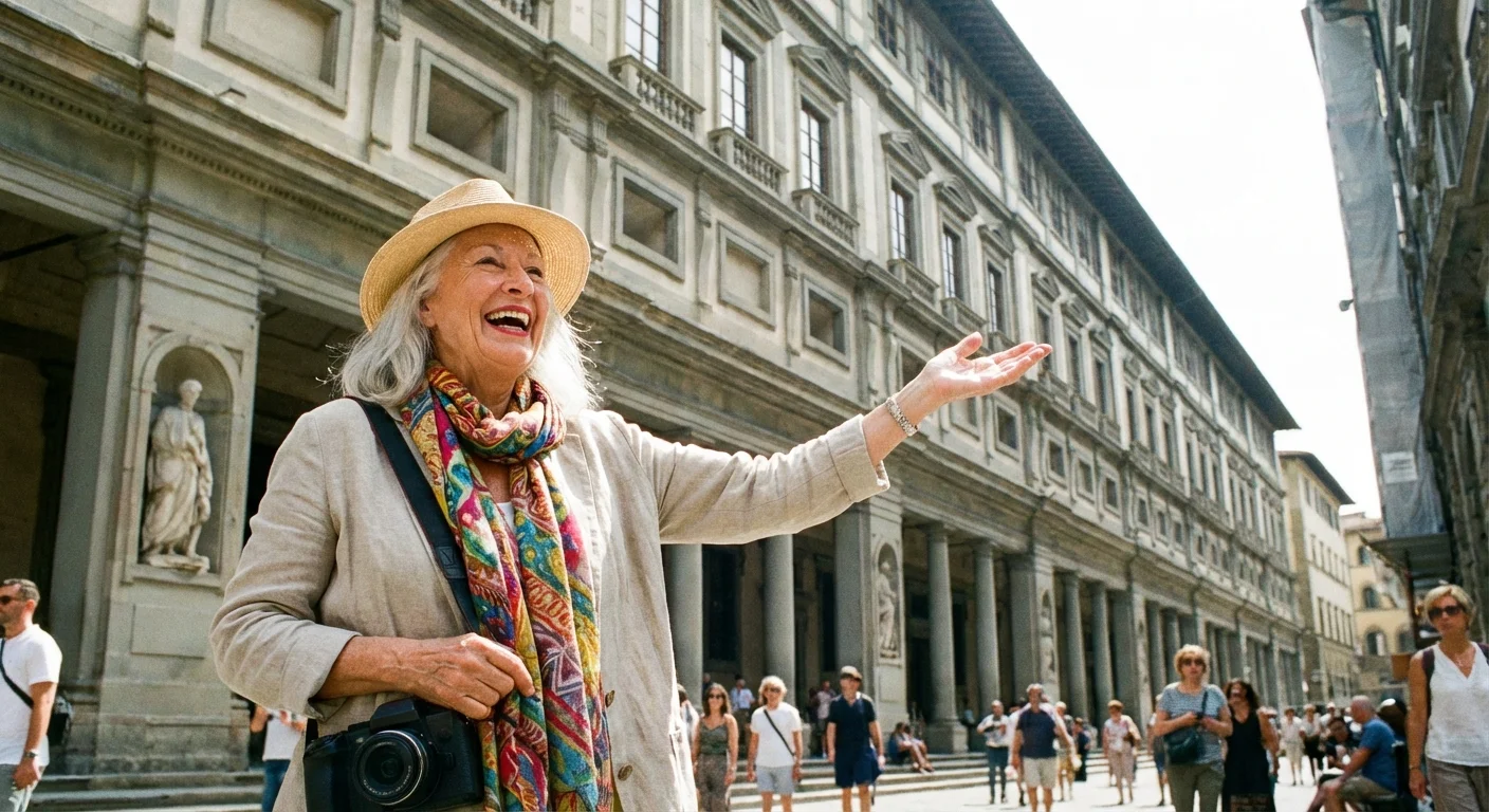 A senior woman leading a tour at a historical site.