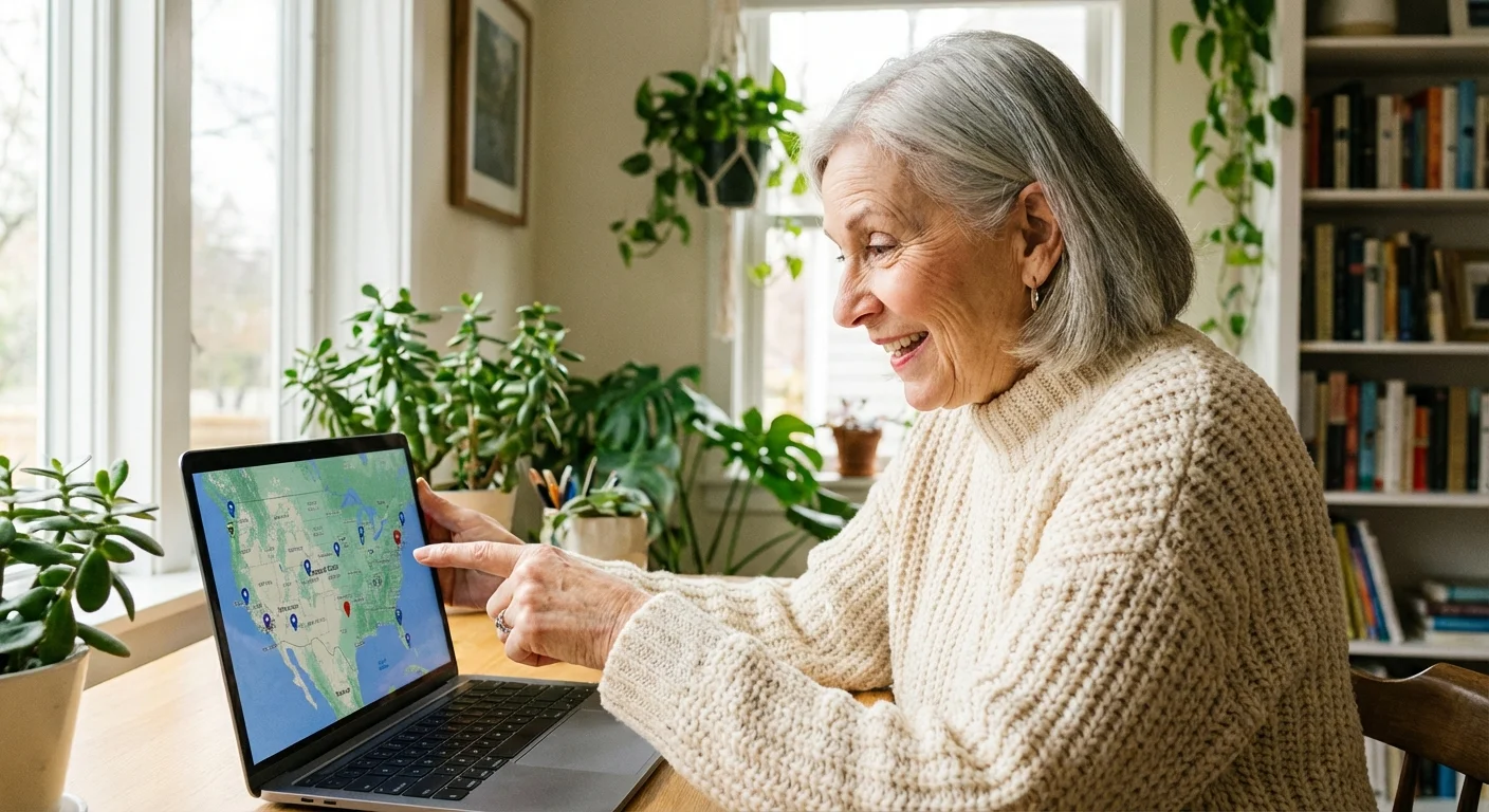 A senior woman looking at a map of the United States on a laptop.