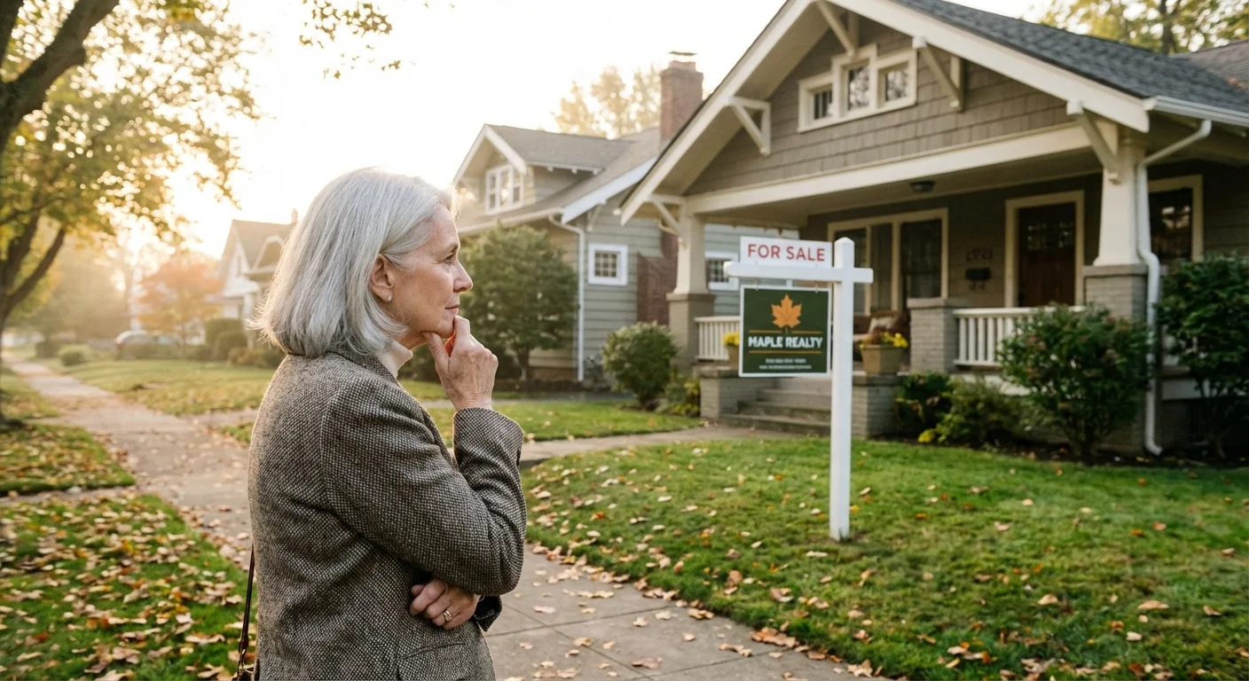 A senior woman looking at a potential new home in a quiet neighborhood.