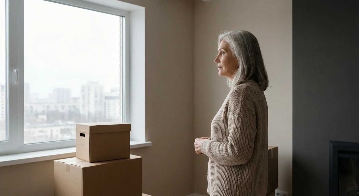 A senior woman looking out a window next to moving boxes.