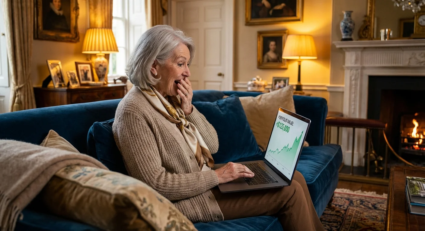 A senior woman looking surprised and happy at a laptop screen.
