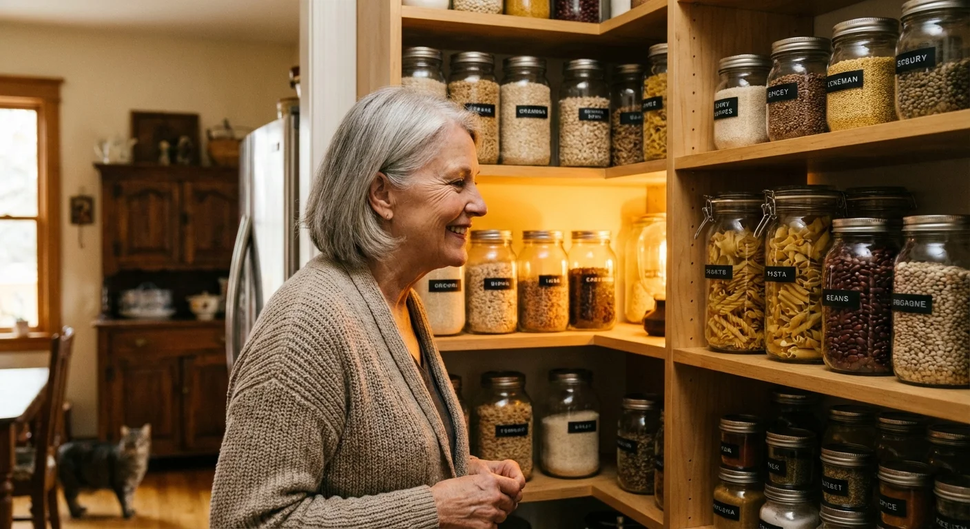 A senior woman looking through her organized kitchen pantry.