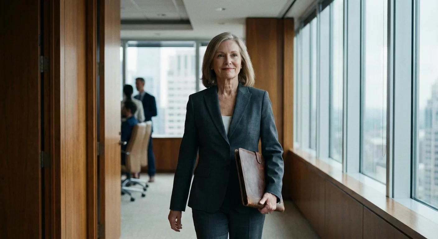 A senior woman maintaining professional composure after a meeting.