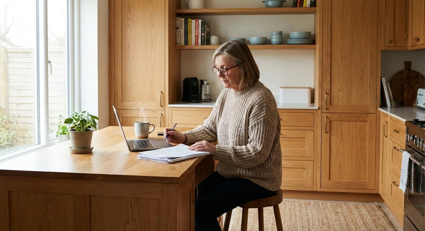 A senior woman organized and focused while managing her finances in a bright, modern kitchen.