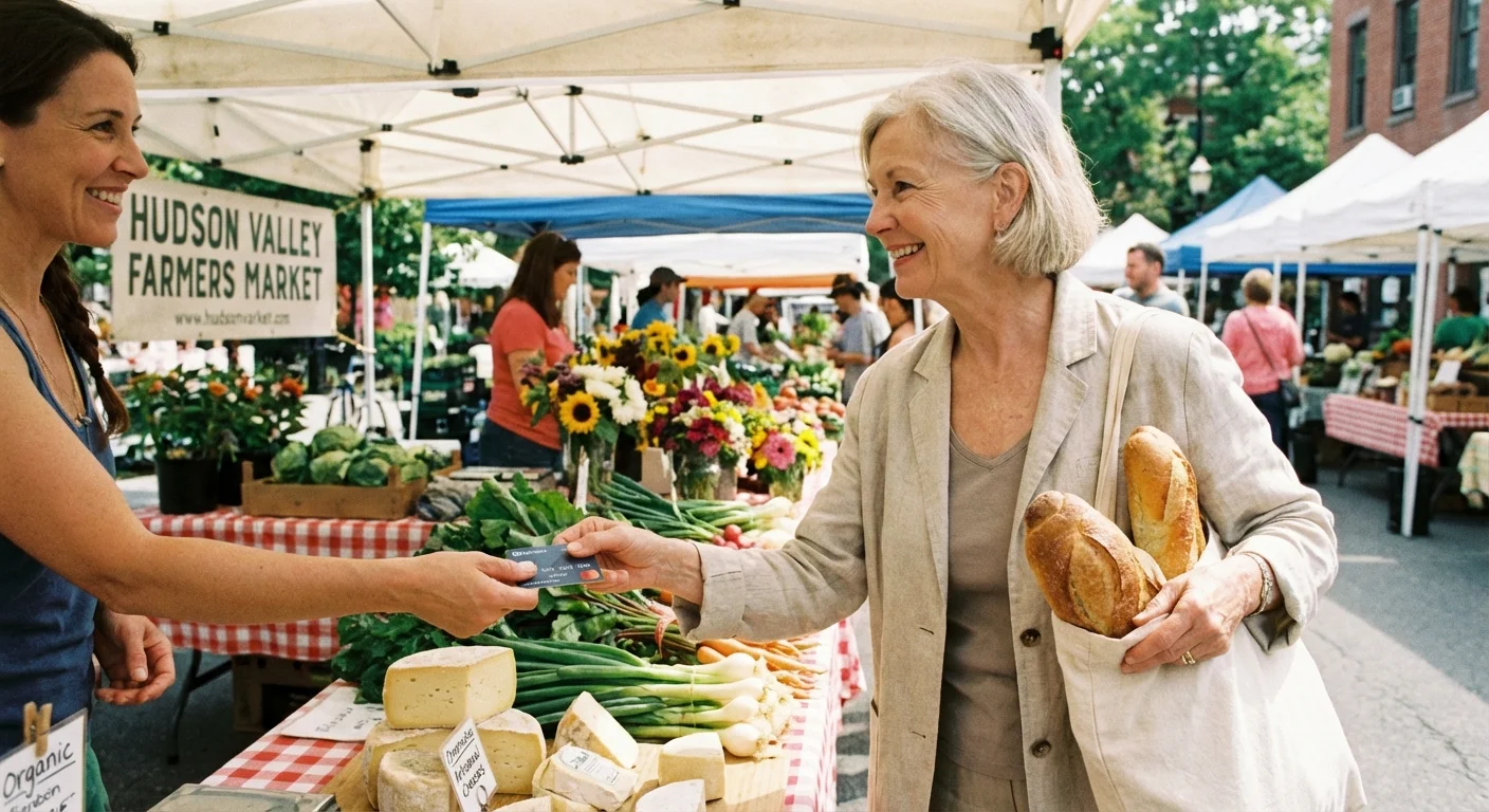 A senior woman paying for groceries at an outdoor market with a smile.