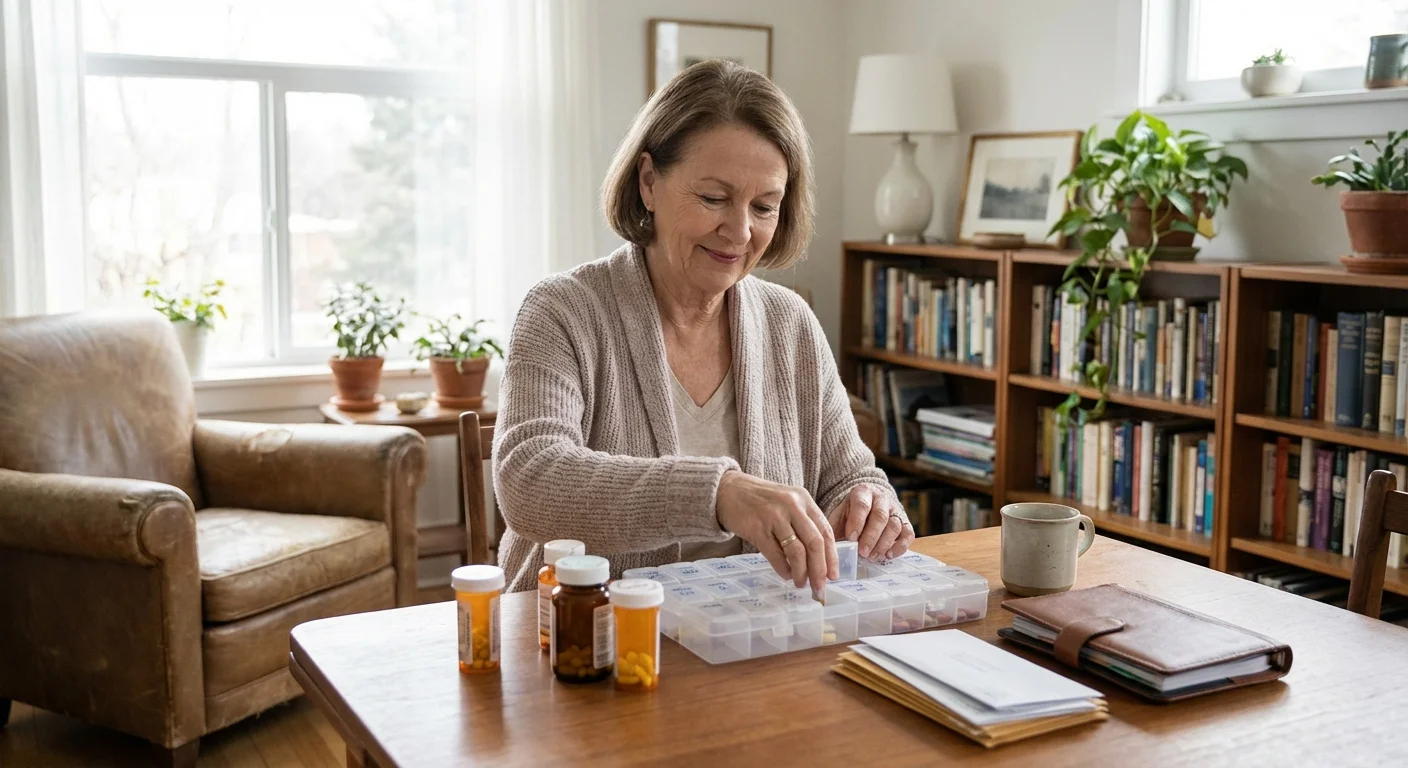 A senior woman peacefully organizing her medication in a bright, sunlit living room.