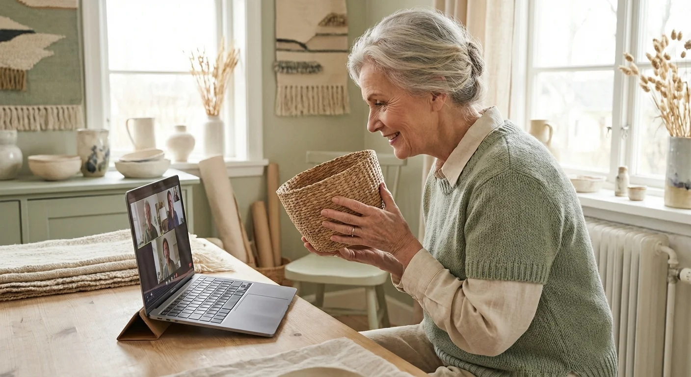 A senior woman presenting her business idea via a laptop in a bright studio.