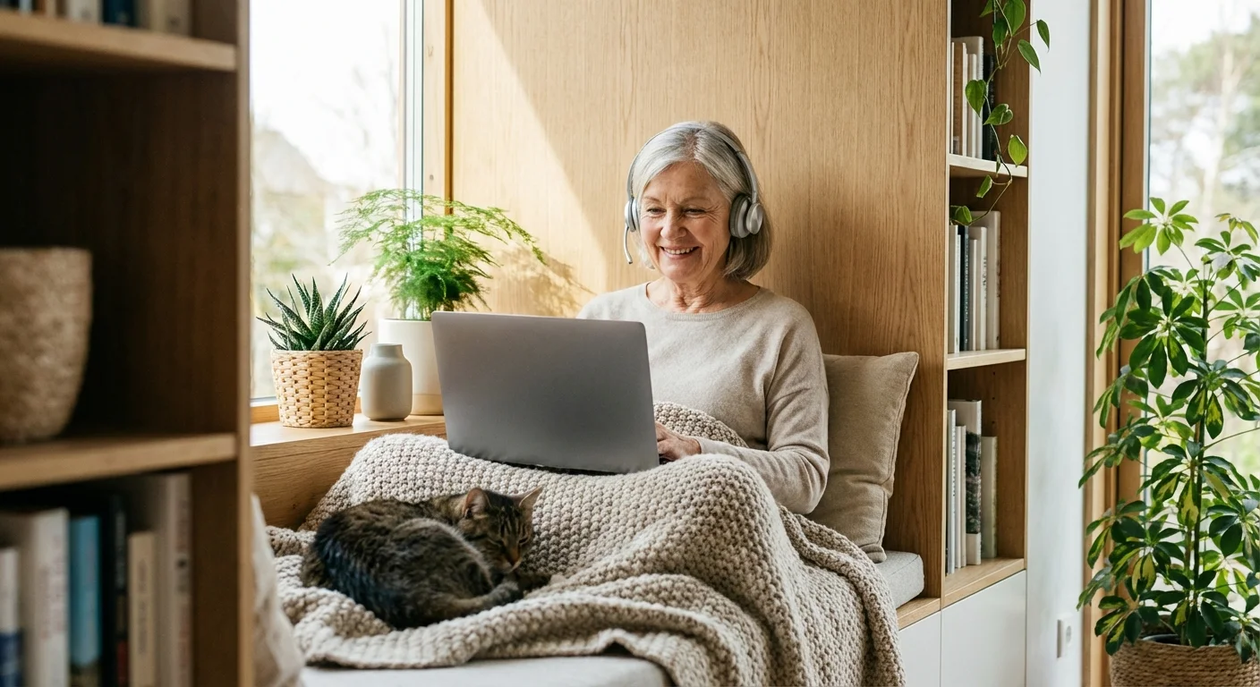 A senior woman providing customer service from a cozy home office.