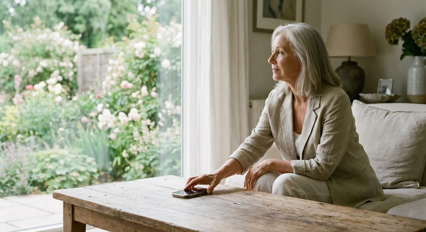 A senior woman putting down her phone to enjoy the view of her garden.