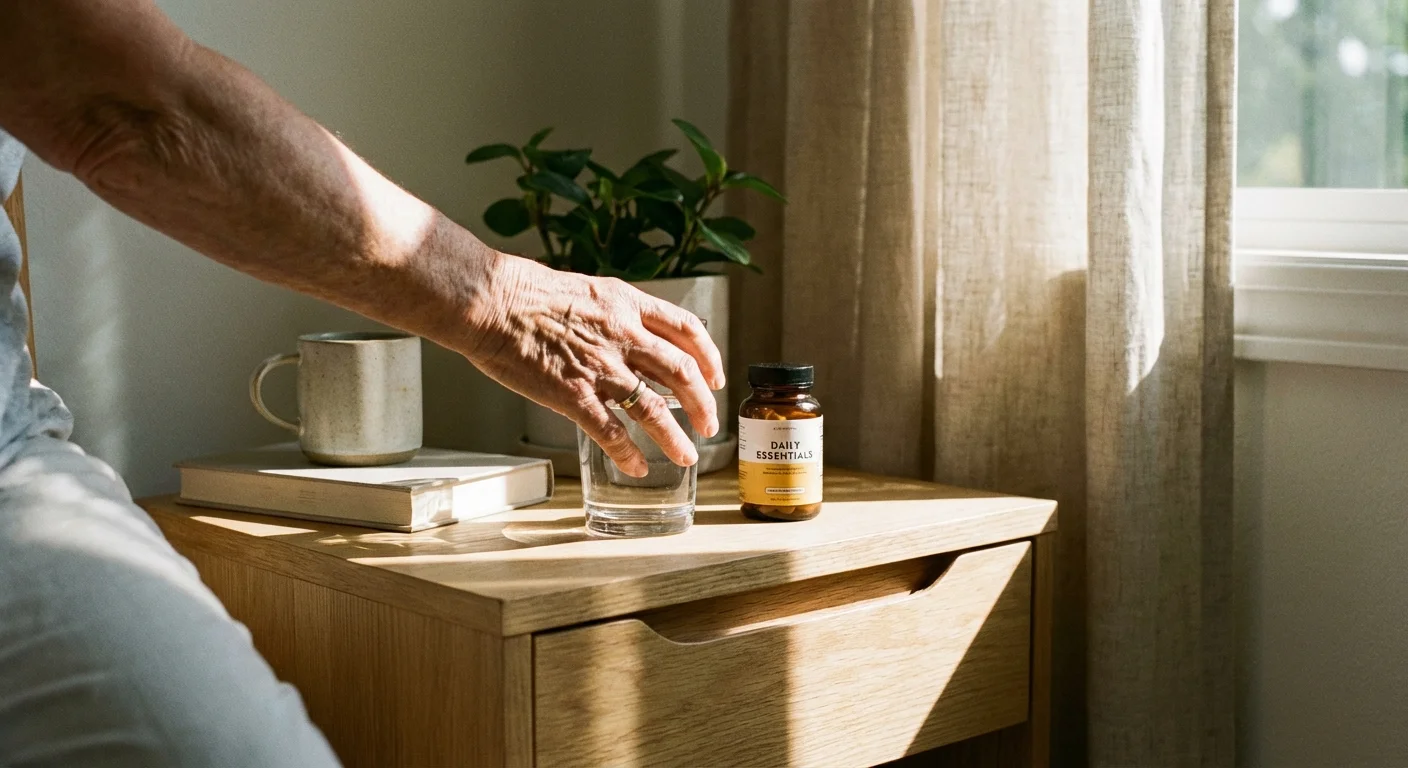 A senior woman reaching for a glass of water and vitamins in the morning.