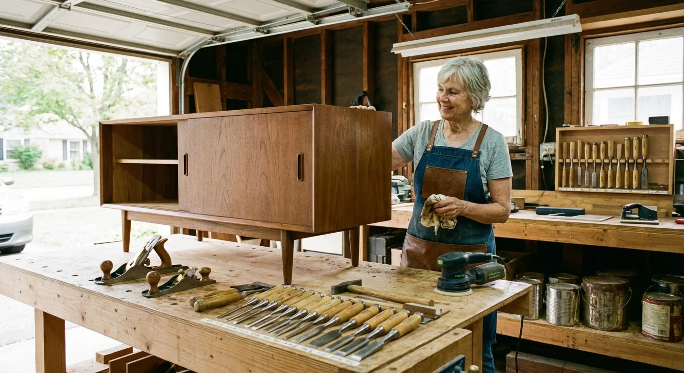 A senior woman refinishing furniture as a DIY money-saving project.