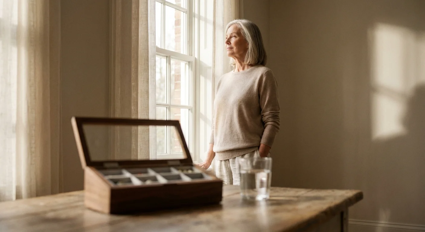 A senior woman reflecting by a window with a pill organizer on a nearby table in a modern home.