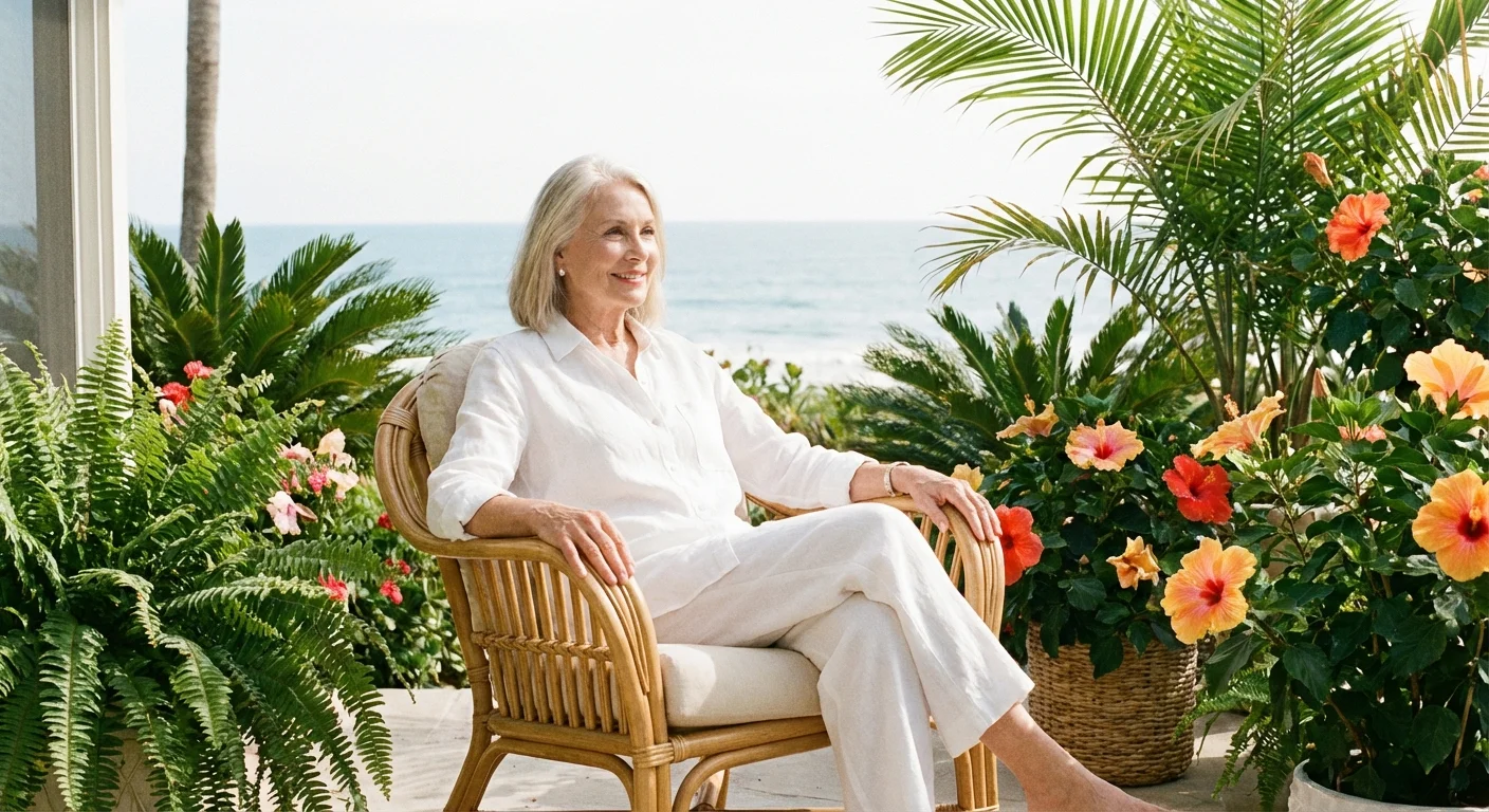 A senior woman relaxing on a tropical patio in Florida.