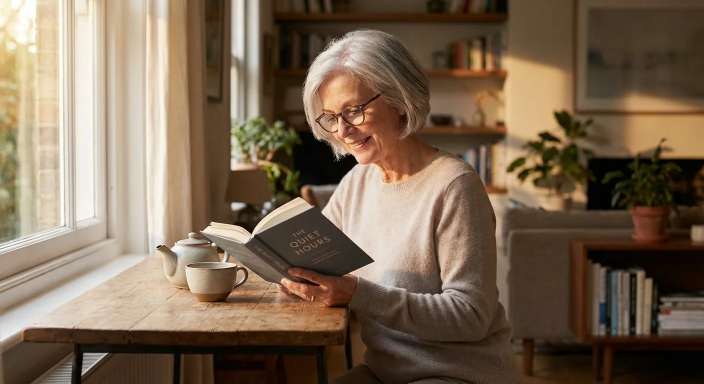 A senior woman reviewing information calmly in a bright, modern home setting.
