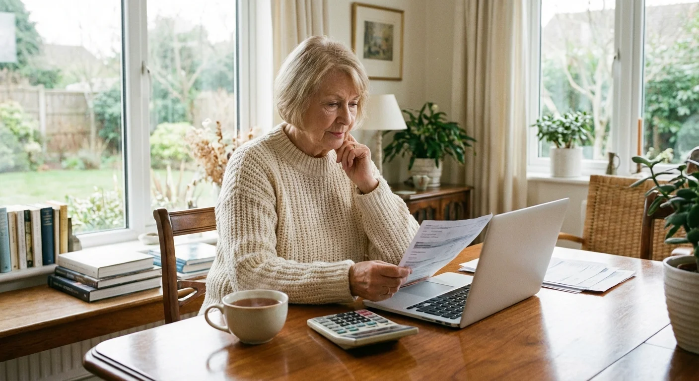 A senior woman reviews tax documents and a calculator in a sunlit room.
