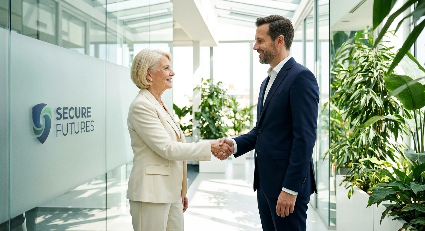 A senior woman shaking hands with a professional in a modern office.