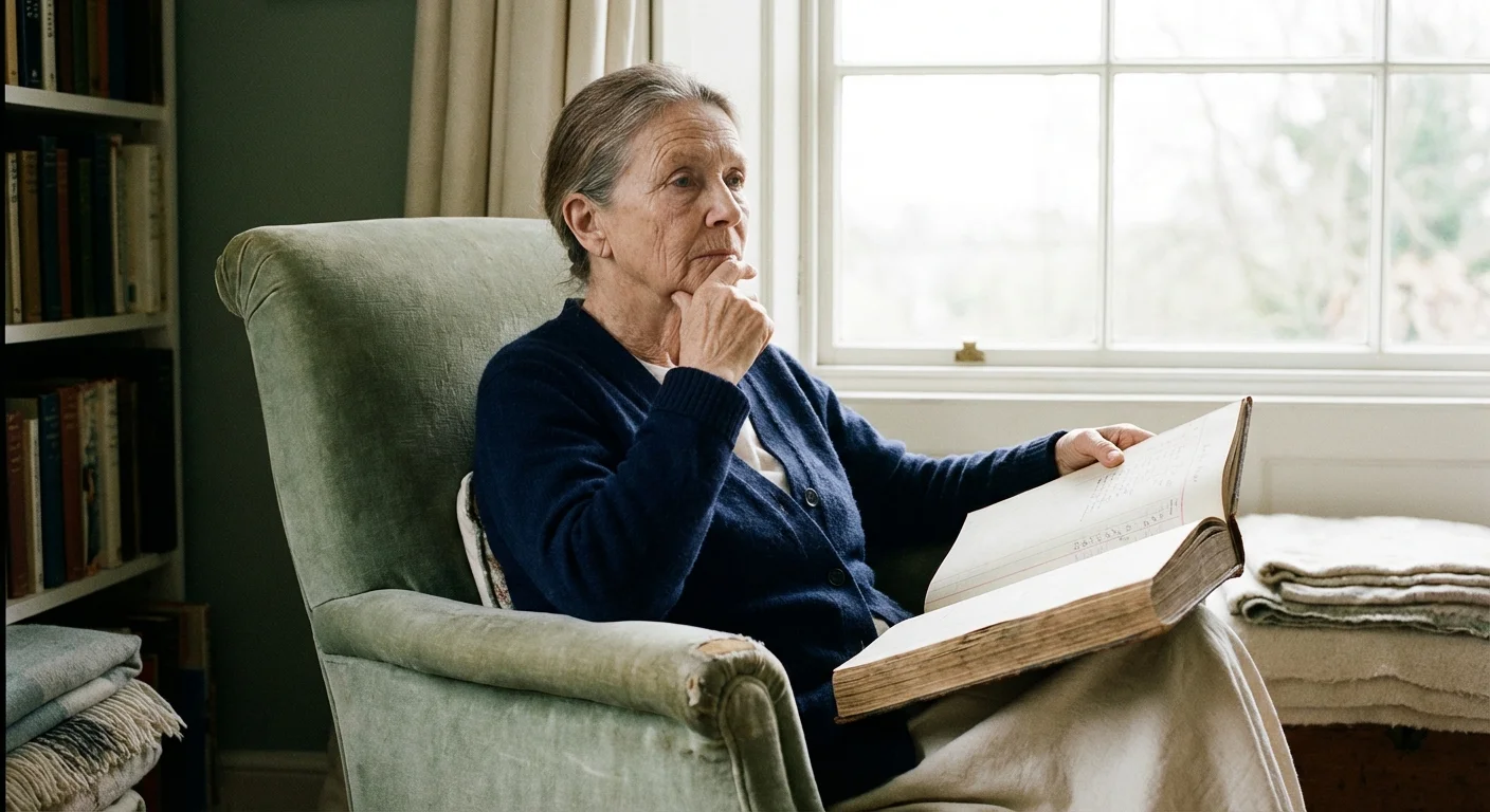A senior woman sitting by a window in a cozy room, looking reflectively at a financial ledger.