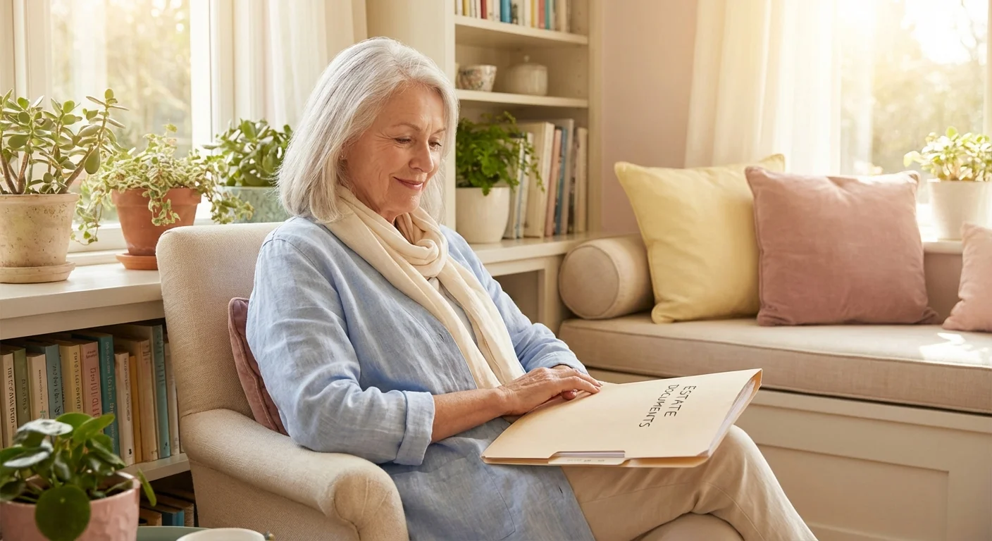 A senior woman sitting in a sunlit room holding a folder of documents.