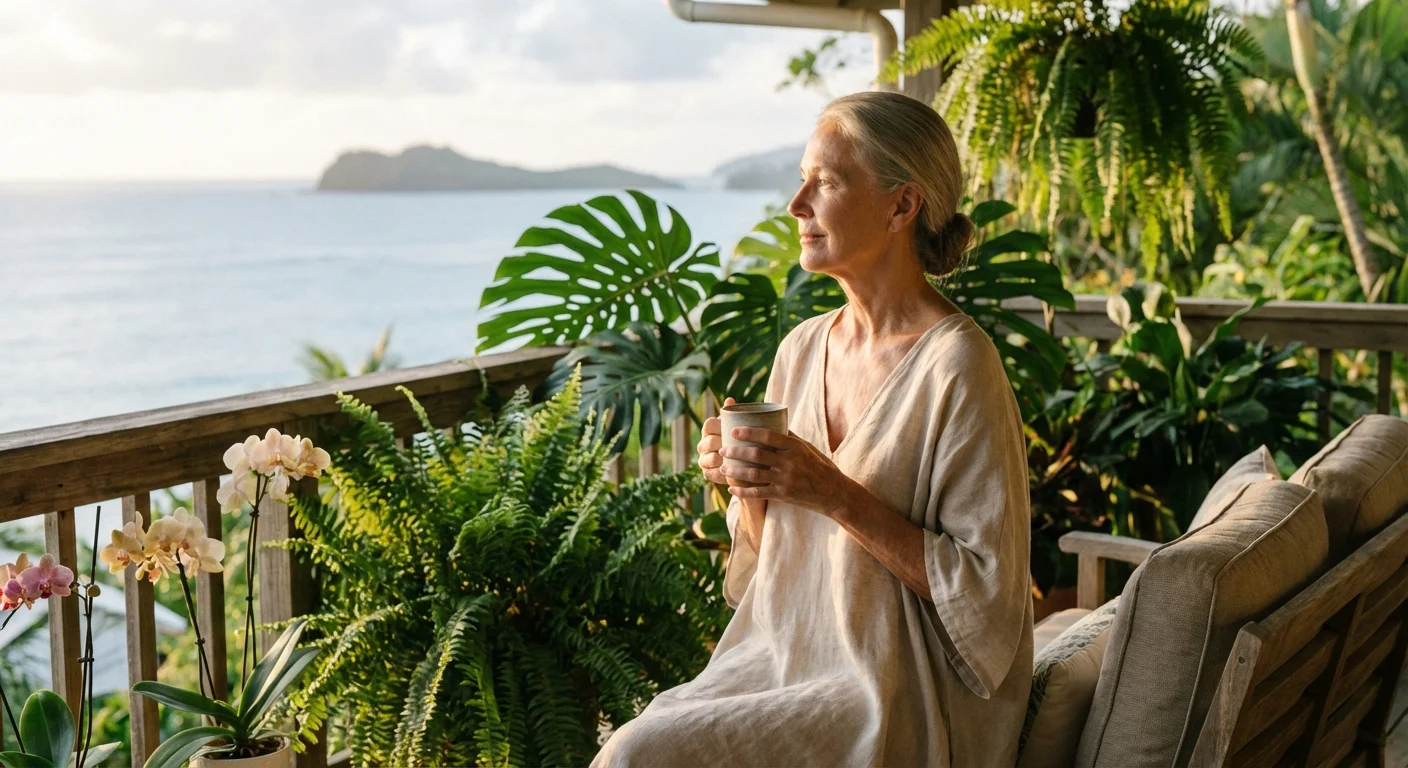 A senior woman sitting on a lush balcony overlooking the ocean, reflecting on her retirement choices.