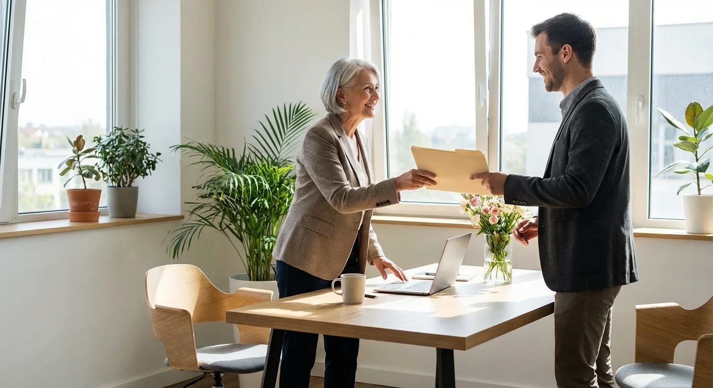 A senior woman smiles while completing her membership at a modern credit union desk.