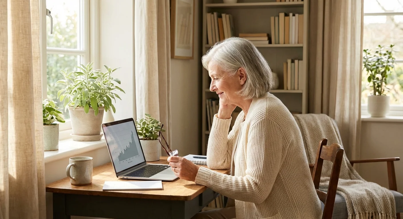 A senior woman smiling at her laptop screen in a bright home office.