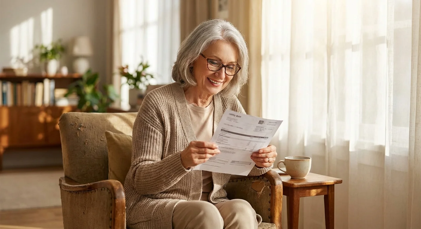 A senior woman smiling while reviewing her bills in a comfortable living room.