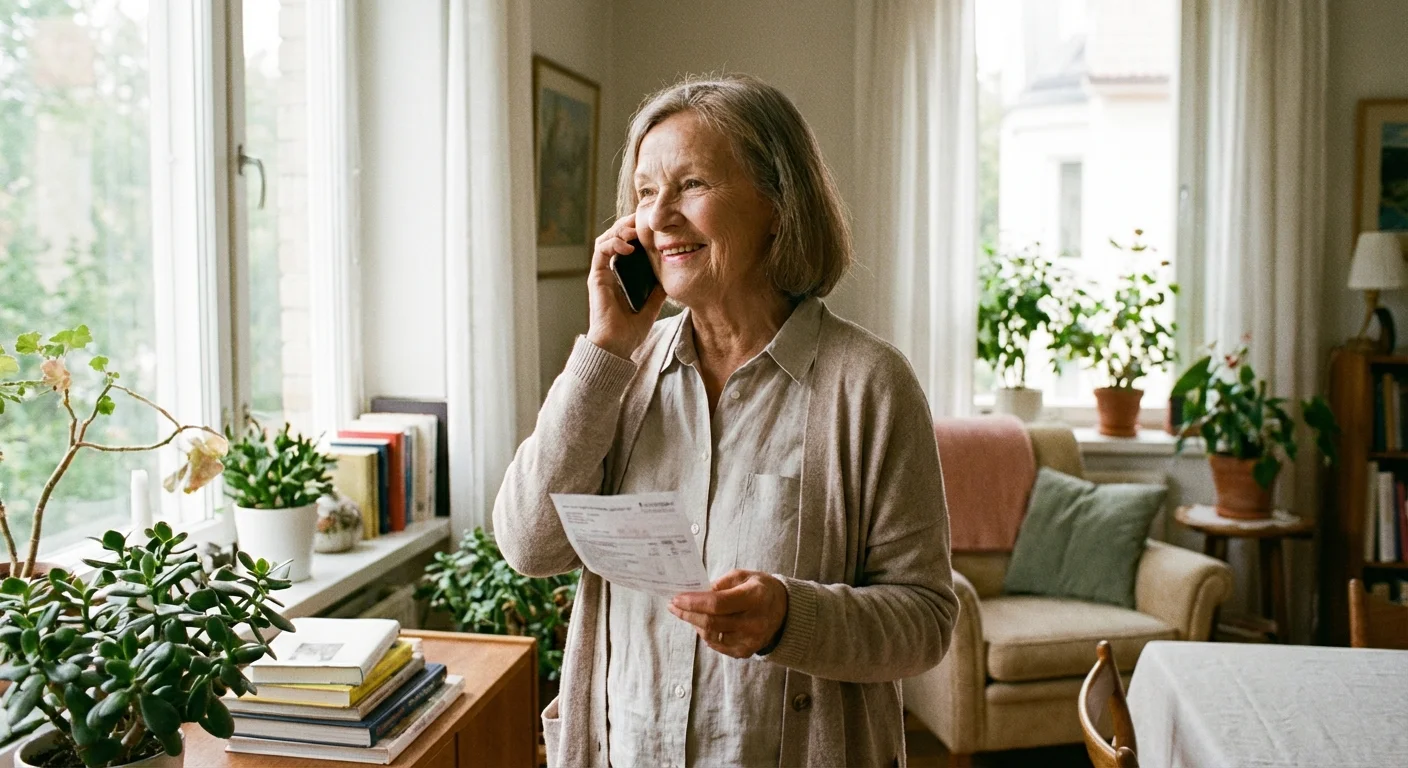A senior woman smiling while talking on the phone and holding a bill.
