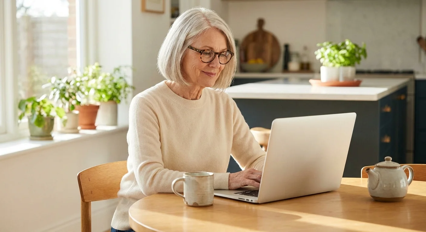 A senior woman smiling while working on her laptop in a sunlit kitchen.
