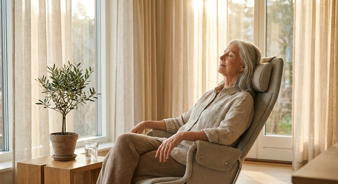 A senior woman taking a relaxing break in a comfortable, sun-filled room.