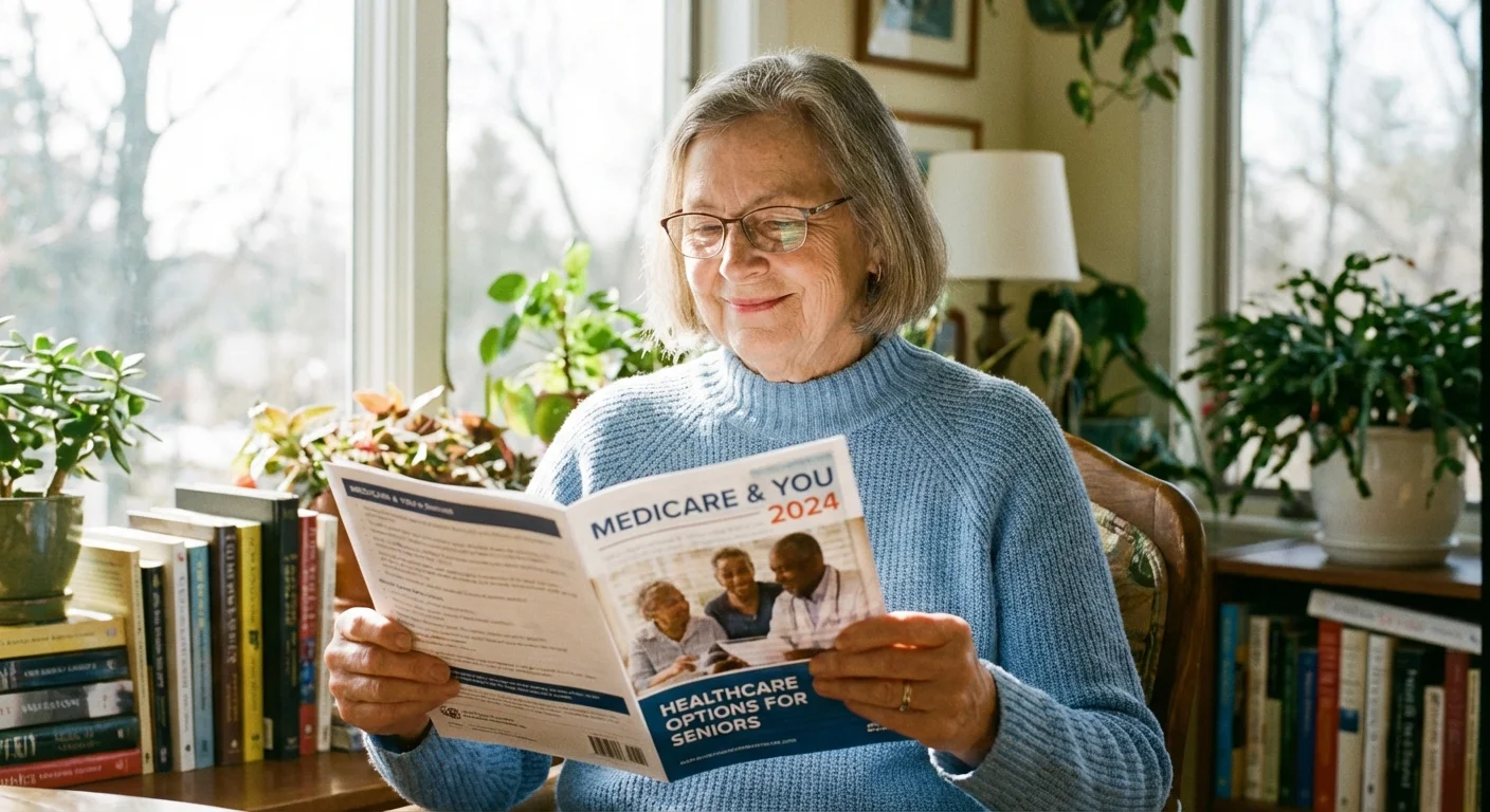 A senior woman thoughtfully reviewing a healthcare brochure in a bright room.