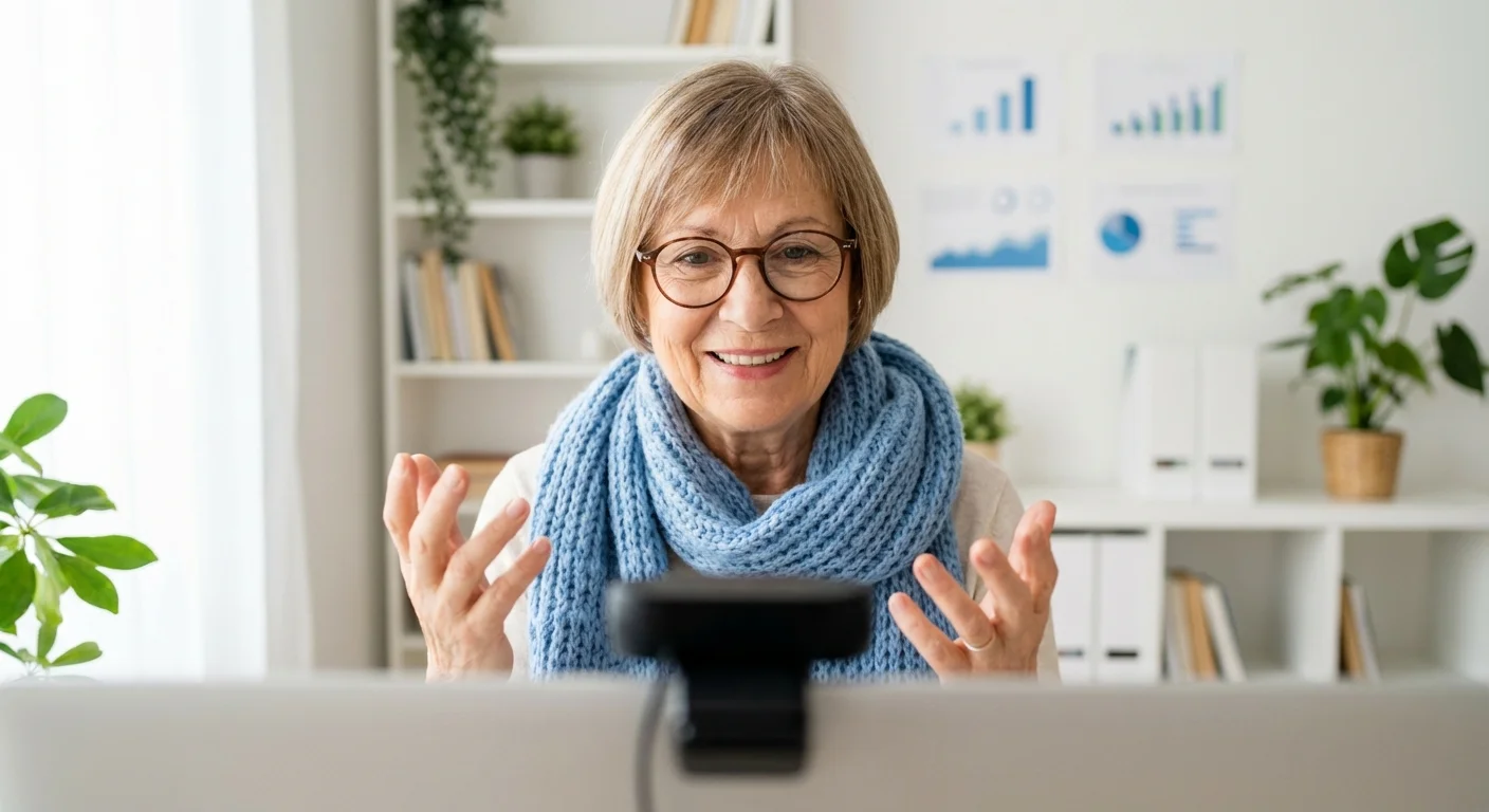 A senior woman tutoring students online via a video call.