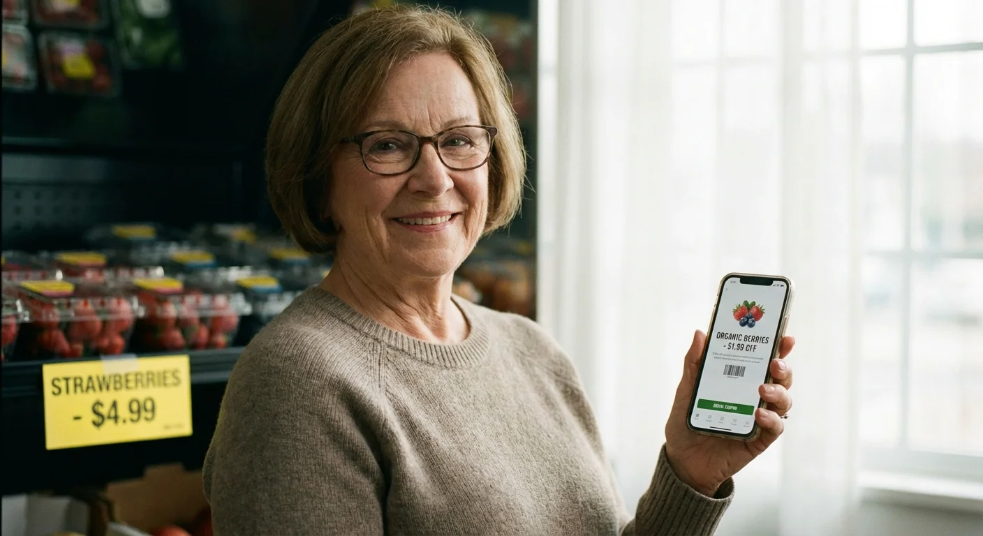 A senior woman using a smartphone to check for digital coupons in a store.