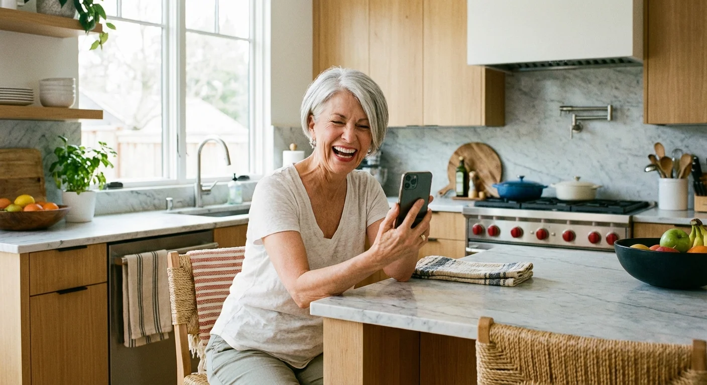 A senior woman using her smartphone for a video call in a bright kitchen.