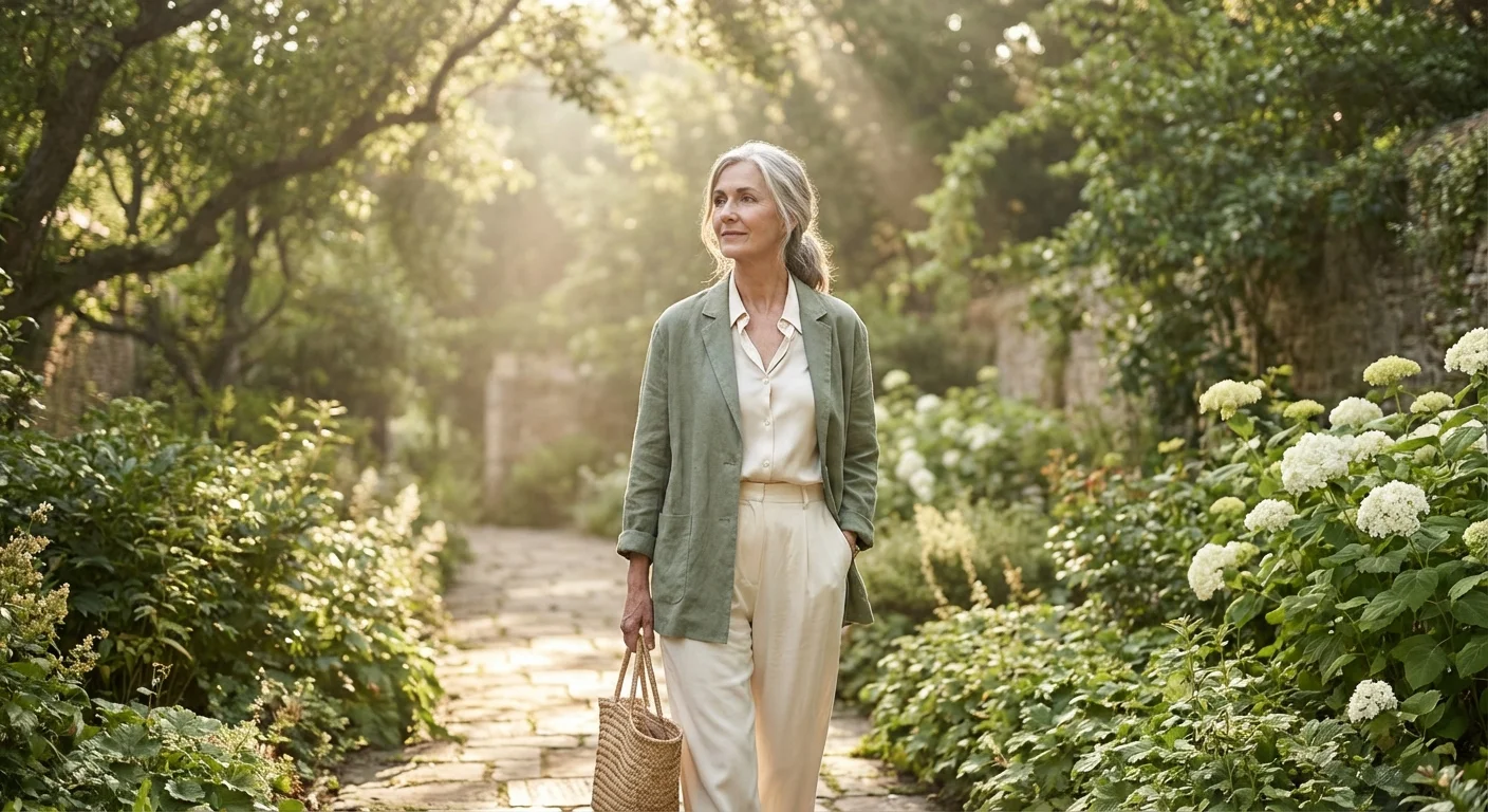 A senior woman walking through a serene garden, symbolizing the reflective transition into retirement life.