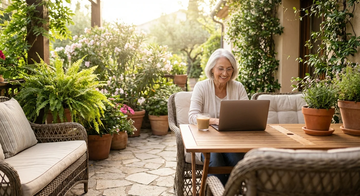A senior woman working on a laptop on a sunny, plant-filled patio.