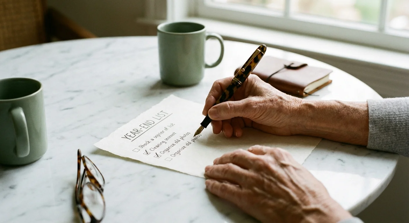 A senior's hands checking off a financial planning list on a desk.