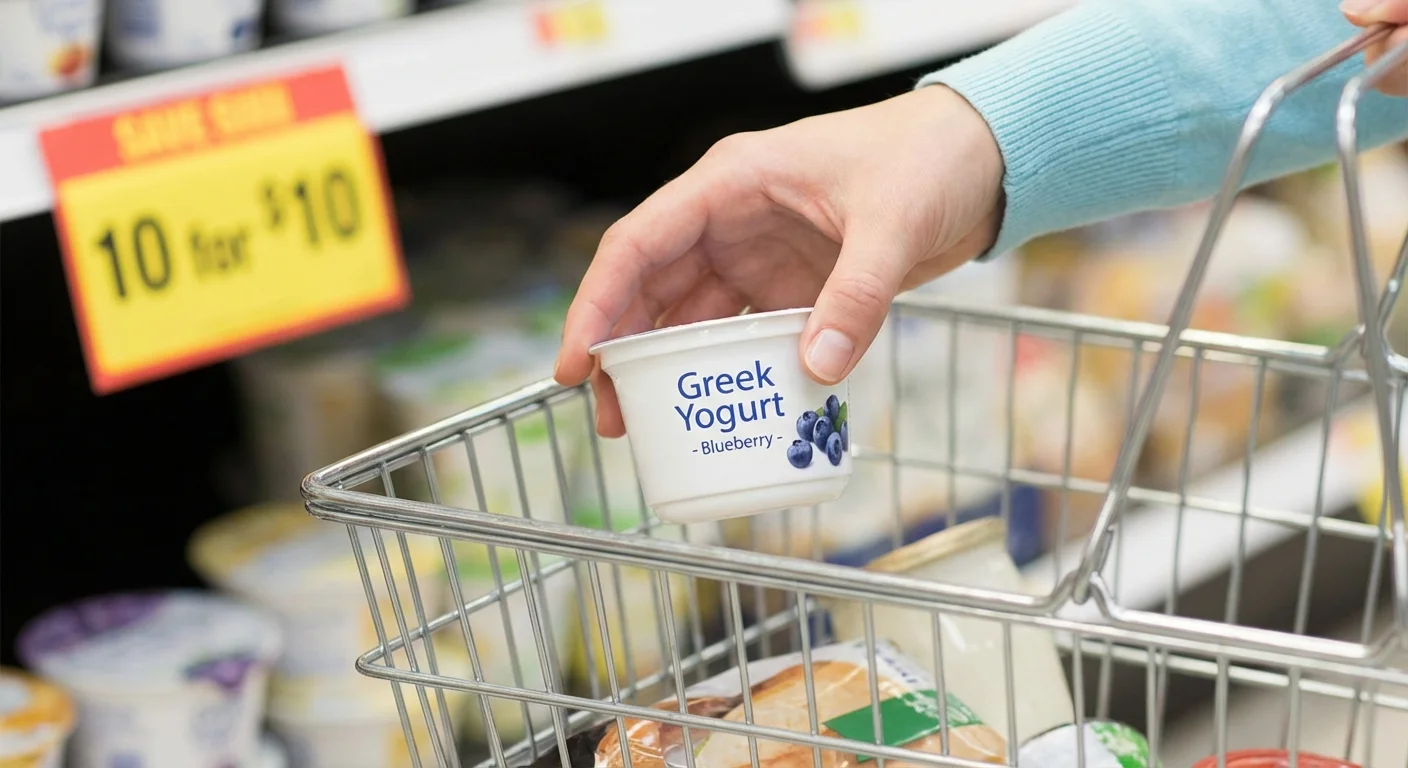 A shopper putting one item into their basket near a sale sign.