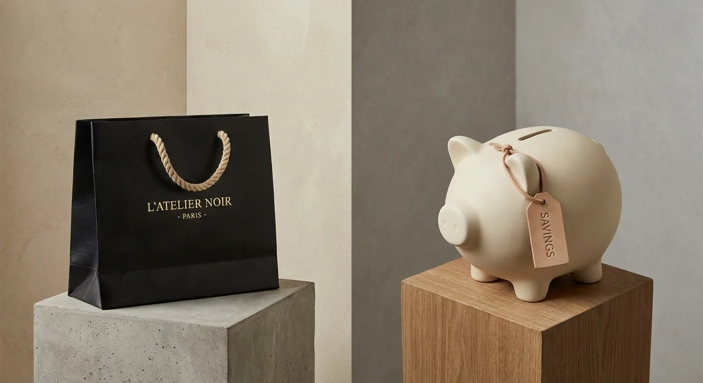 A shopping bag and a piggy bank, representing a 1-to-1 saving and spending rule.