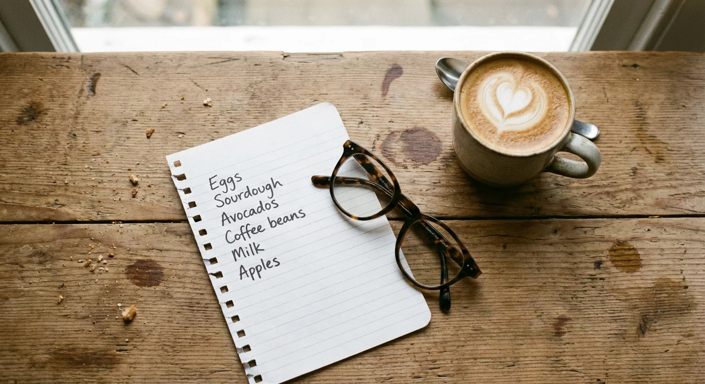 A shopping list and glasses on a wooden table.