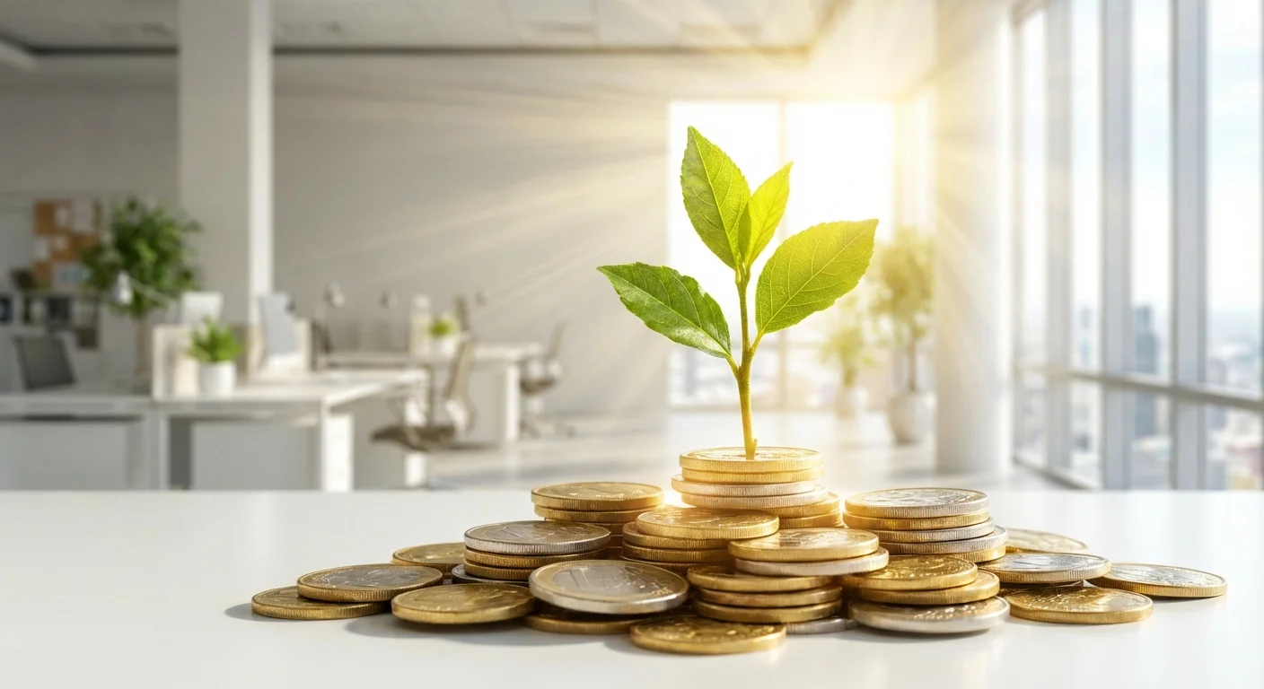 A small plant growing from coins, symbolizing the growth of saved income.