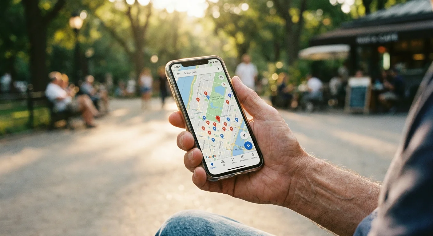A smartphone screen showing map pins held by a senior hand.