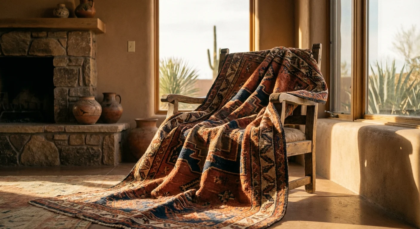 A Southwestern patterned rug draped over a chair.