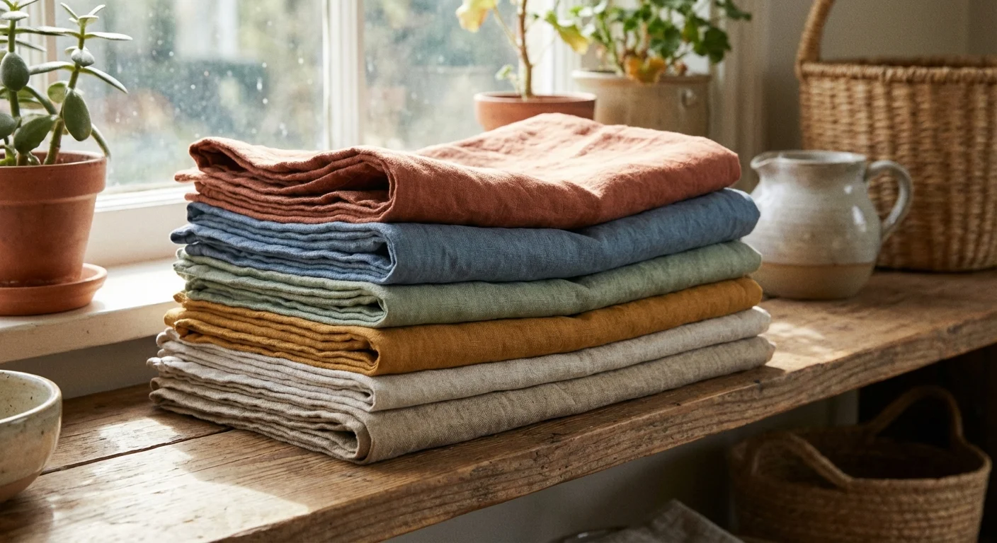 A stack of folded colorful linen napkins.