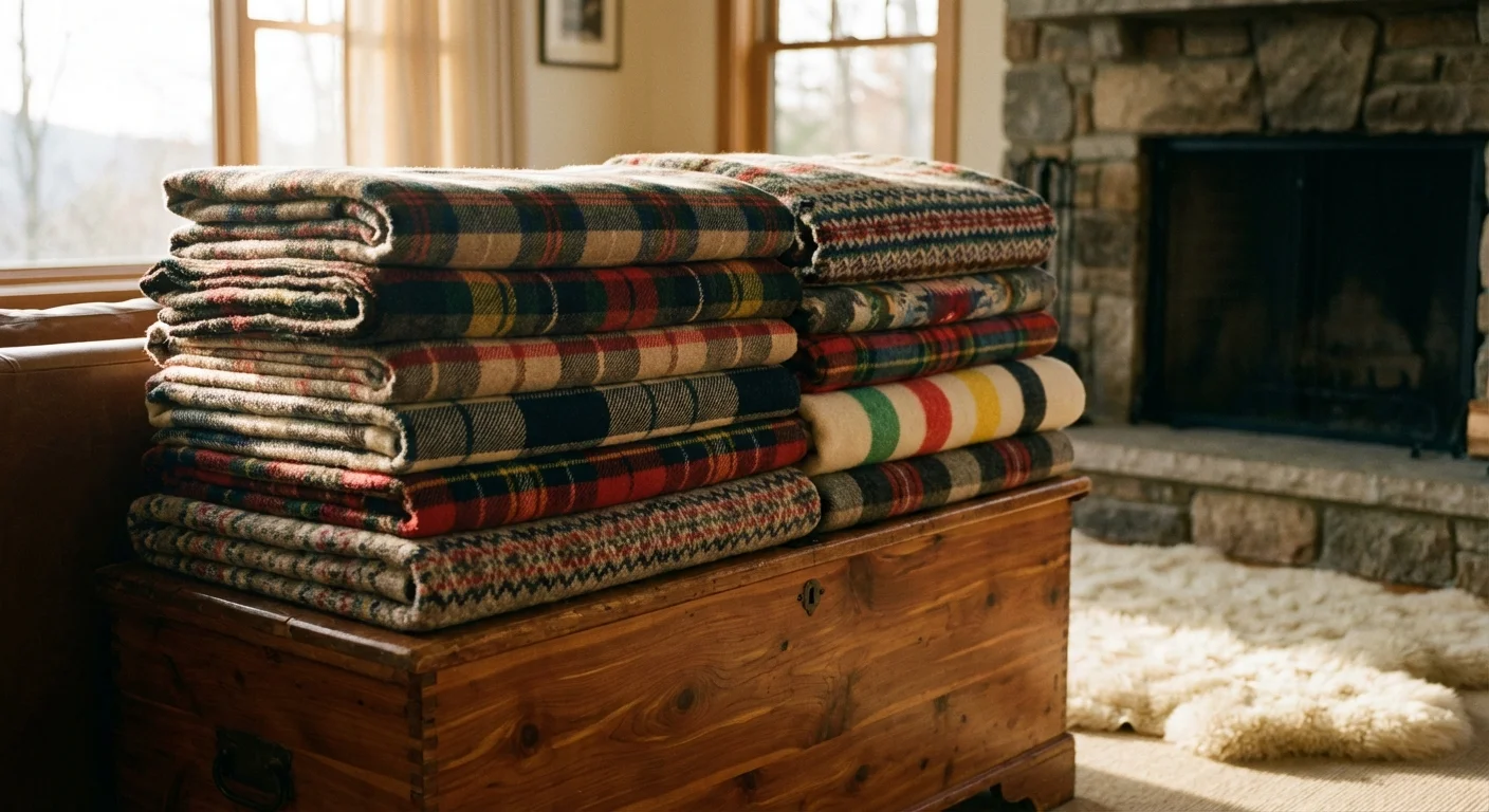 A stack of folded wool blankets on a wooden chest.