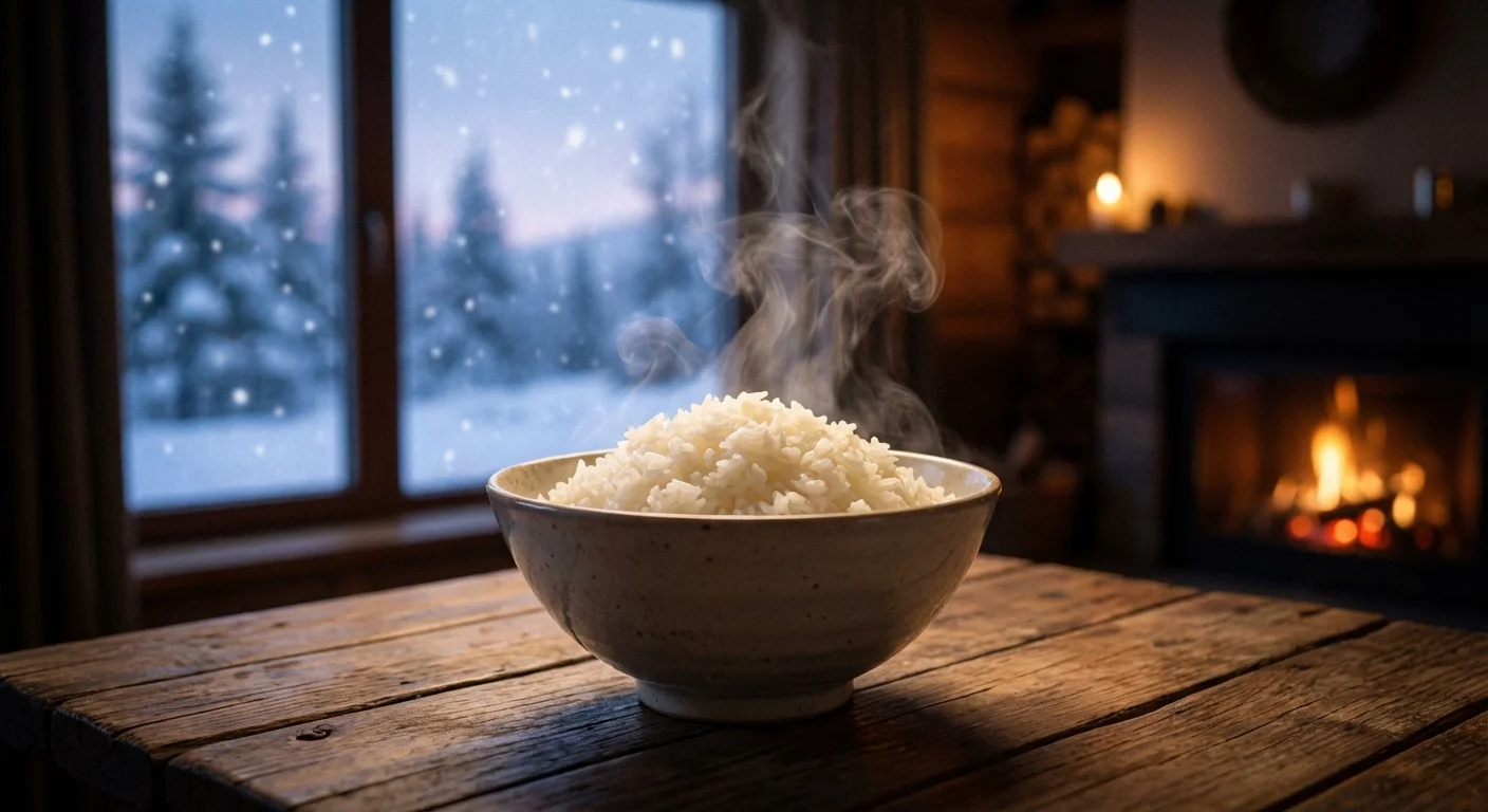 A steaming bowl of jasmine rice on a wooden table with a snowy view.